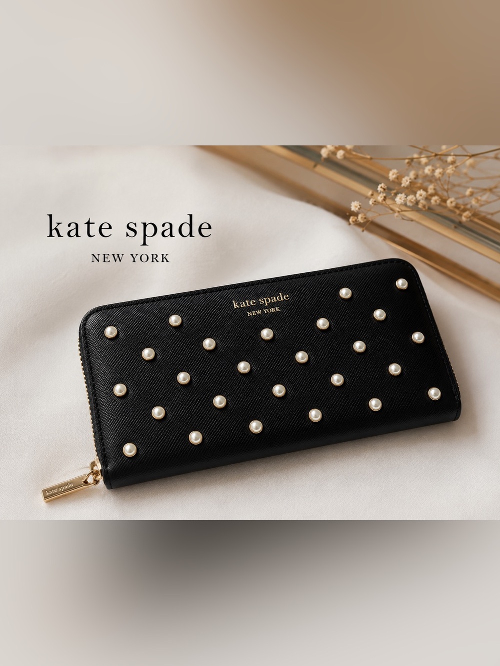 Kate Spade New York Pearl Embellished Zip Around Wallet Black